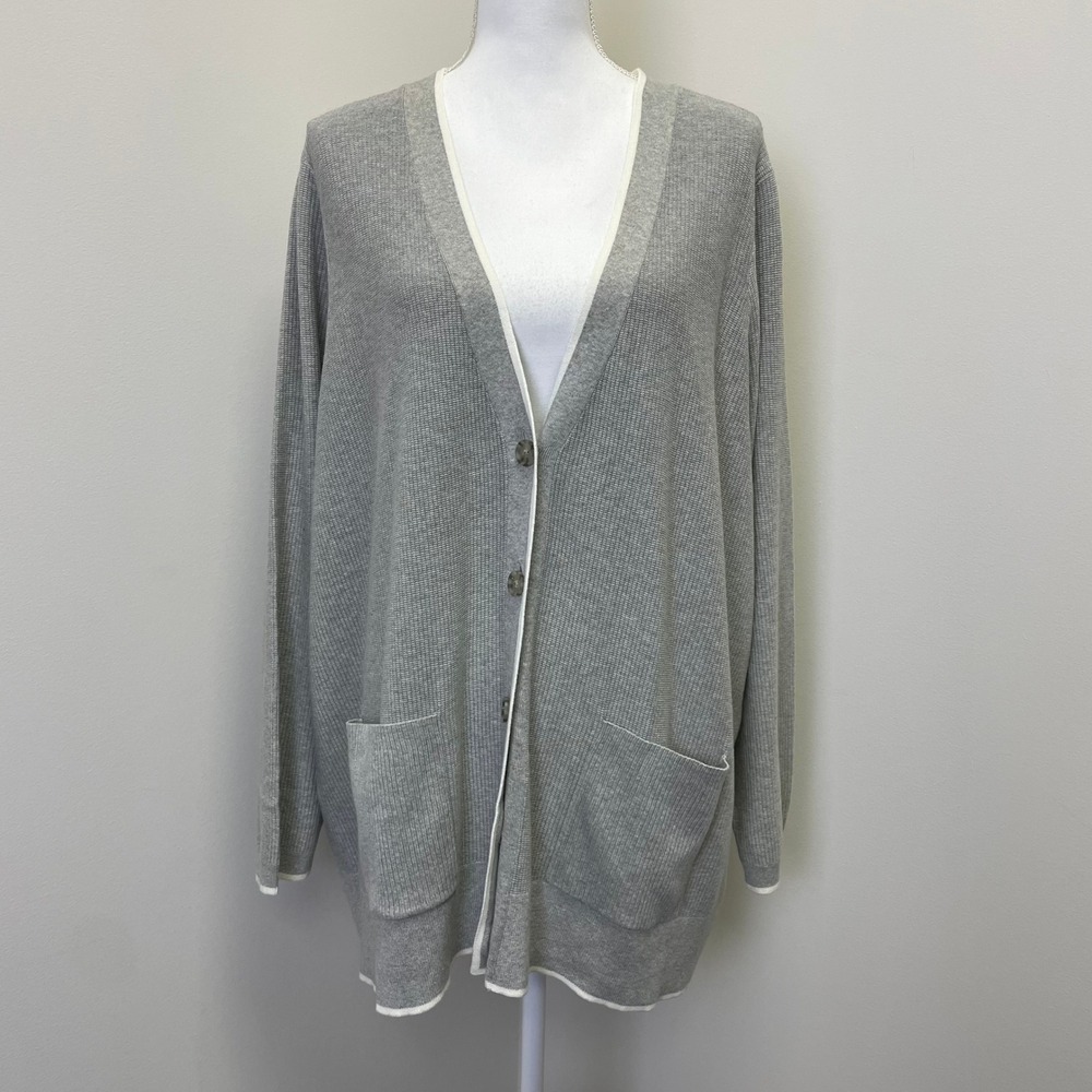 Lands End Womens 3X Gray Cotton Ribbed Knit V-Neck Cardigan Sweater White Trim